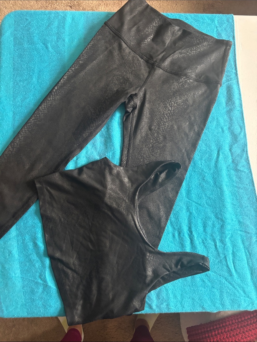 Beyond Yoga Black Faux-Leather Leggings with Matching Black Crop Top